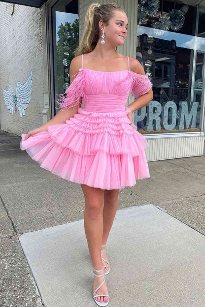 Hot Pink Tiered Tulle Party Dress Short Cocktail Dresses jkprom Hot Pink Tiered Tulle Party Dress Short Cocktail Dresses jkprom