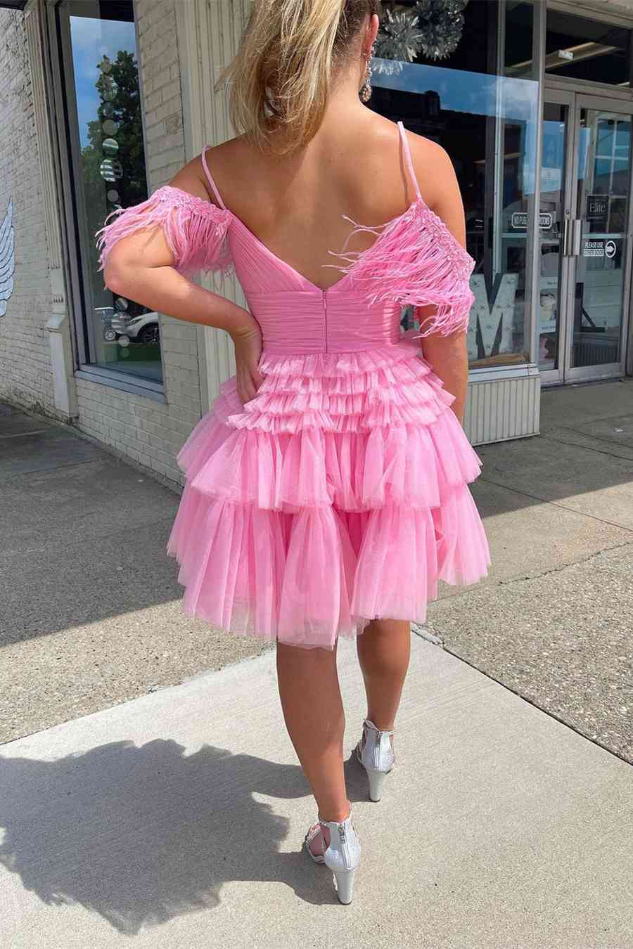 pink tulle cocktail dress A-line Sparkly Embellished Corset Tiered Tulle Homecoming Dress with Appliqued Beading Ruffles Sequins S8597H - Homecoming Dresses
