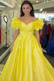 A-Line Ruffle Shoulder Fuchsia Satin Long Formal Dress,Yellow Satin Evening Dresses