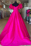 A-Line Ruffle Shoulder Fuchsia Satin Long Formal Dress,Yellow Satin Evening Dresses