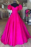 A-Line Ruffle Shoulder Fuchsia Satin Long Formal Dress,Yellow Satin Evening Dresses