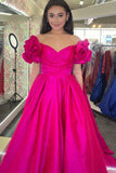 A-Line Ruffle Shoulder Fuchsia Satin Long Formal Dress,Yellow Satin Evening Dresses