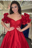 A-Line Ruffle Shoulder Fuchsia Satin Long Formal Dress,Yellow Satin Evening Dresses