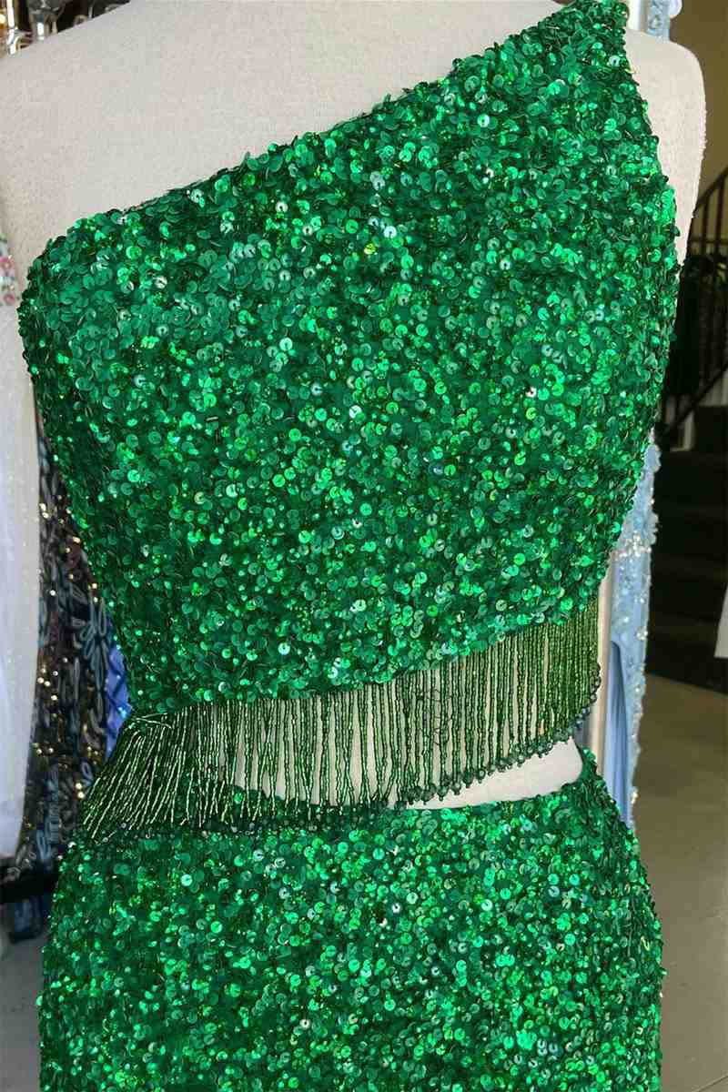 Green Two Piece Sequined One Shoulder Long Party Dress with Tassel,Gala Dresses Elegant