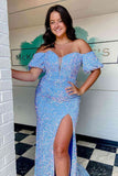 Sparkly Red Puff Sleeves Sequined Prom Dress with Side Slit,Light Blue Evening Dresses Long