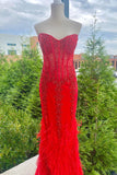 Mermaid Strapless Sequin-Embroidered Long Prom Dress with Feathers