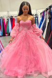 A-line Strapless Puff Long Sleeves Beaded Appliques Long Formal Prom Dress