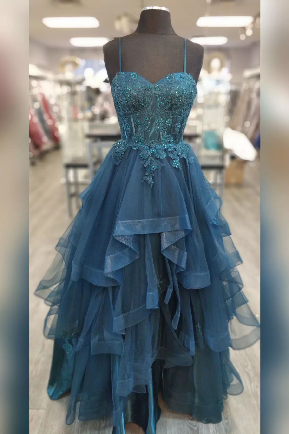 Teal Ruffle Ball Gown Prom Dress Spaghetti Straps Tiered Tulle Skirt