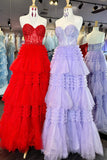 Red Sweetheart Sequins Top Multi-Layers Long Prom Dress,Tiered Formal Dresses
