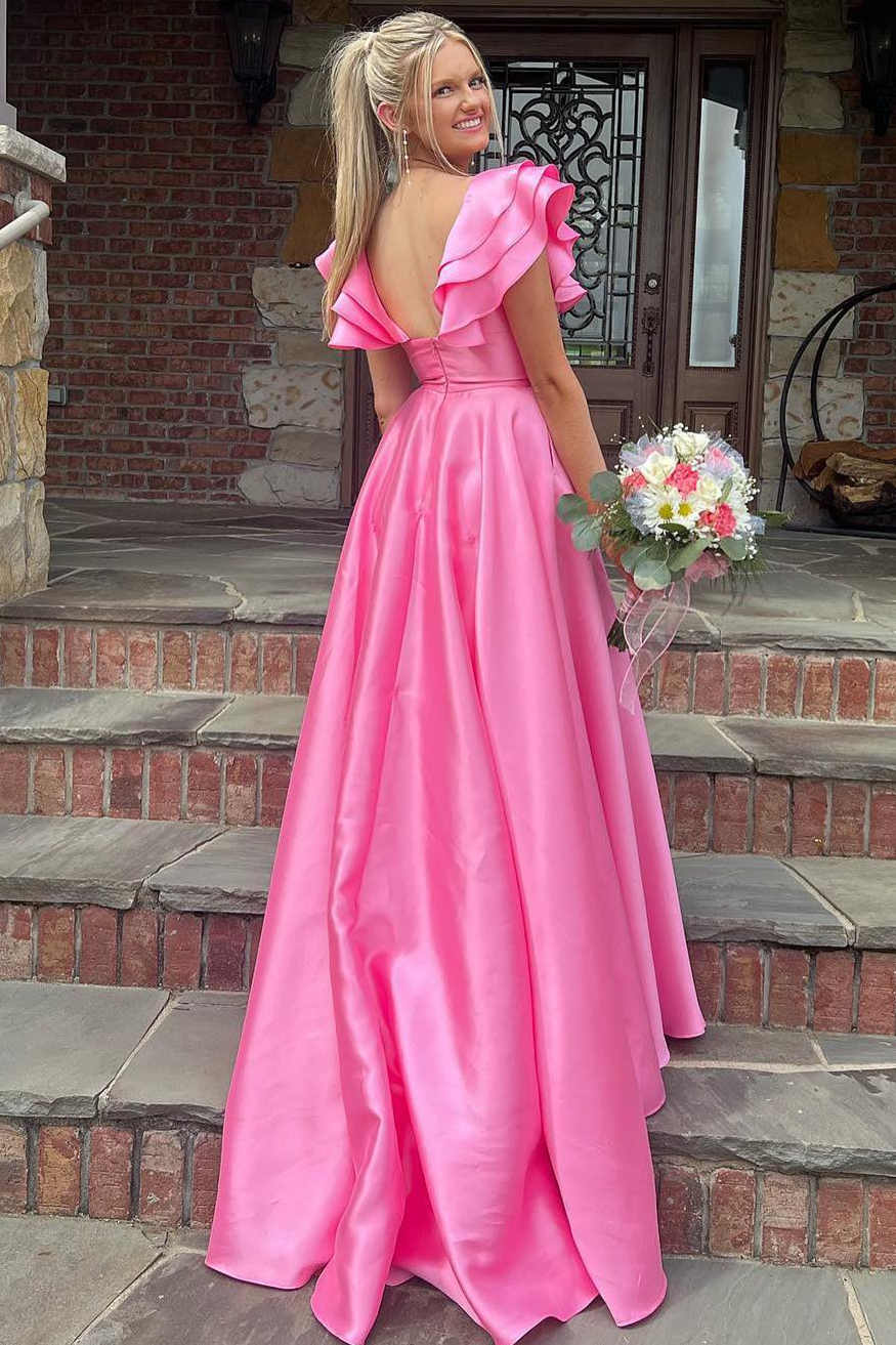 Hot Pink V-Neck Ruffle A-Line Satin Long Prom Dress jkprom Hot Pink V-Neck Ruffle A-Line Satin Long Prom Dress jkprom