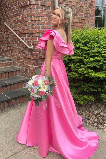 Hot Pink V-Neck Ruffle A-Line Satin Long Prom Dress jkprom Hot Pink V-Neck Ruffle A-Line Satin Long Prom Dress jkprom