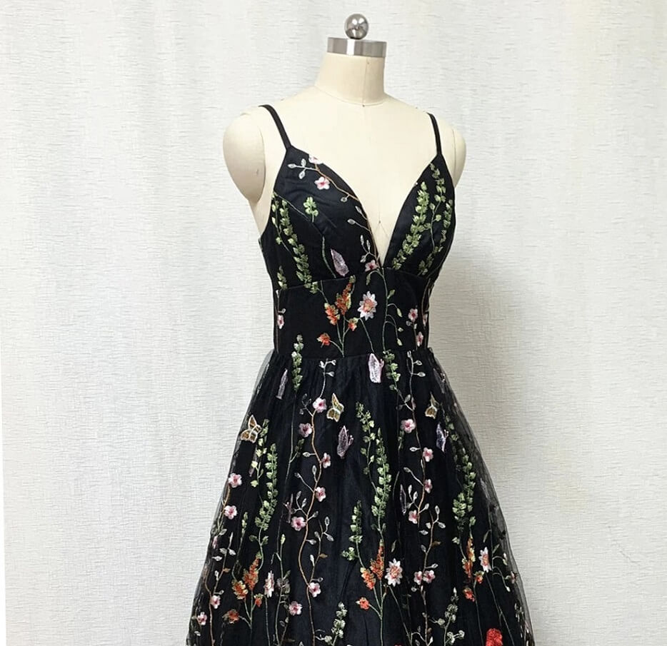 Black Floral Fairy Prom Dress Long Evening Gowns for Wedding