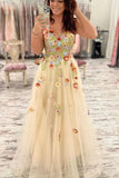 A-line Long Prom Dress Spaghetti Straps V Neck Floral Formal Gown