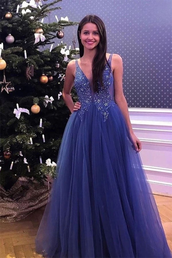 Flowy Blue Tulle Lace A-line V-neck Beaded Long Prom Dresses, Party Dress