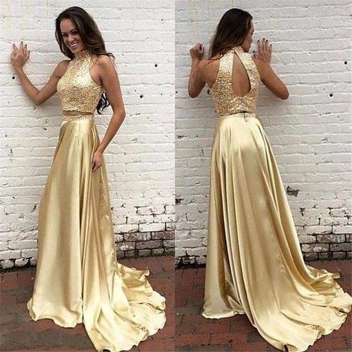 Gold Open Back Two Piece Prom Dress, A-line Satin Formal Gown