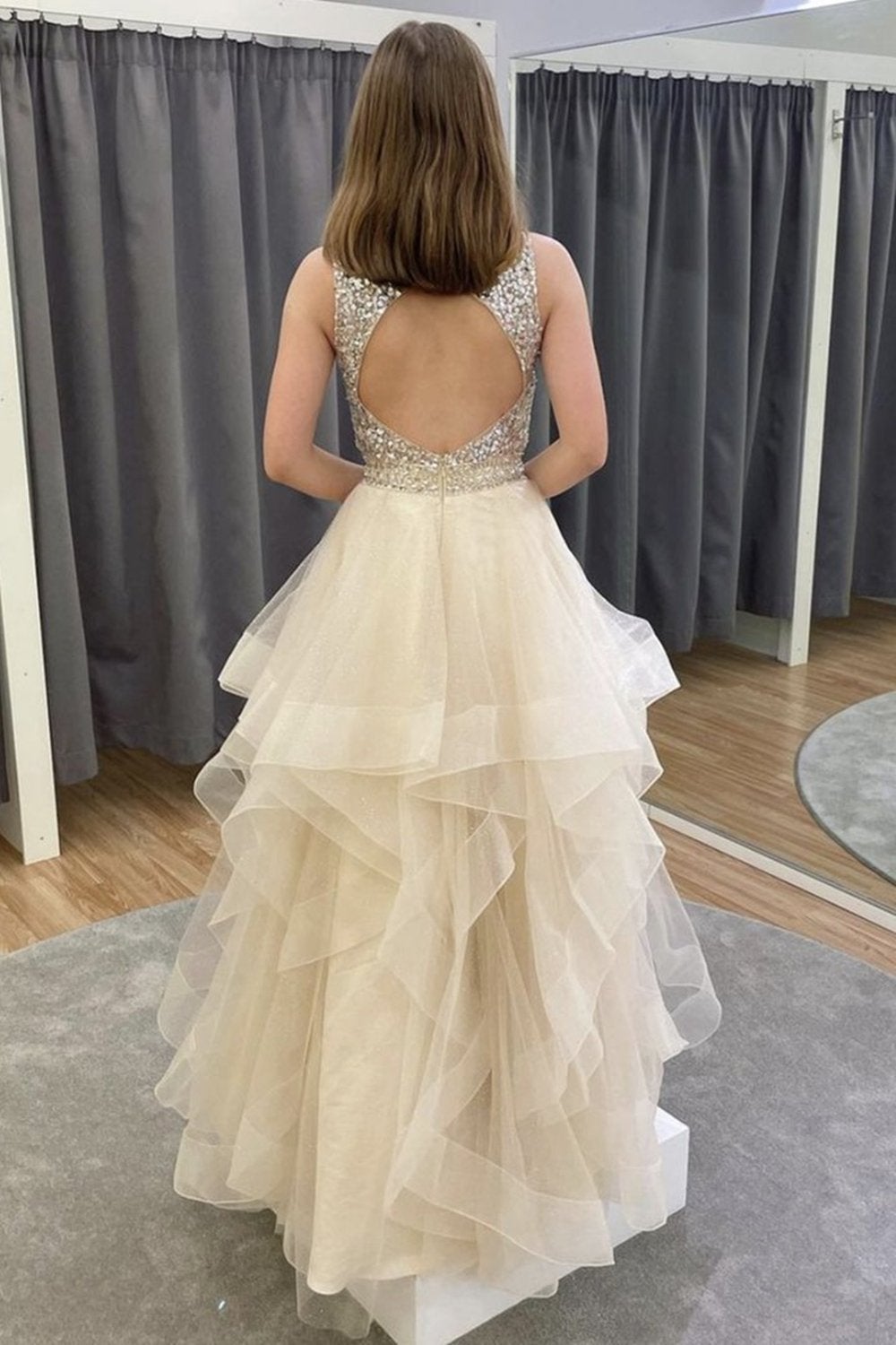 Gorgeous Open Back Beaded Fluffy Long Prom Dress, Graduation Gown