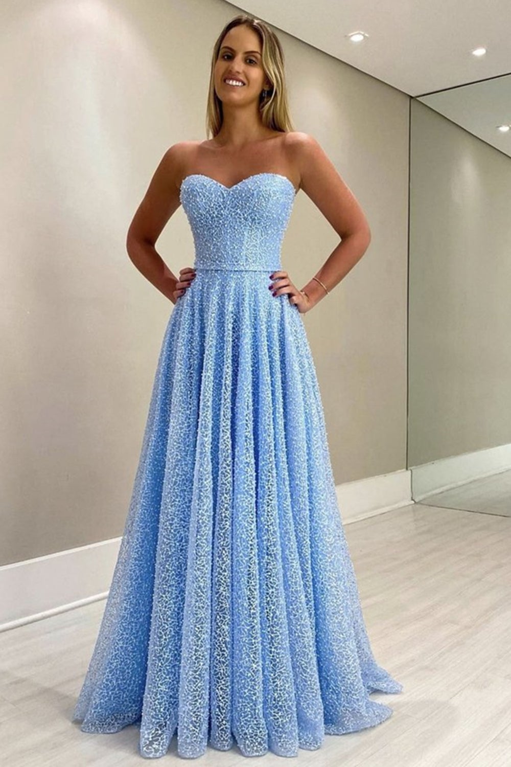 Gorgeous Sweetheart Blue Long Prom Dress, Strapless Formal Dresses, Woman Evening Dress