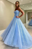 Gorgeous Sweetheart Blue Long Prom Dress, Strapless Formal Dresses, Woman Evening Dress