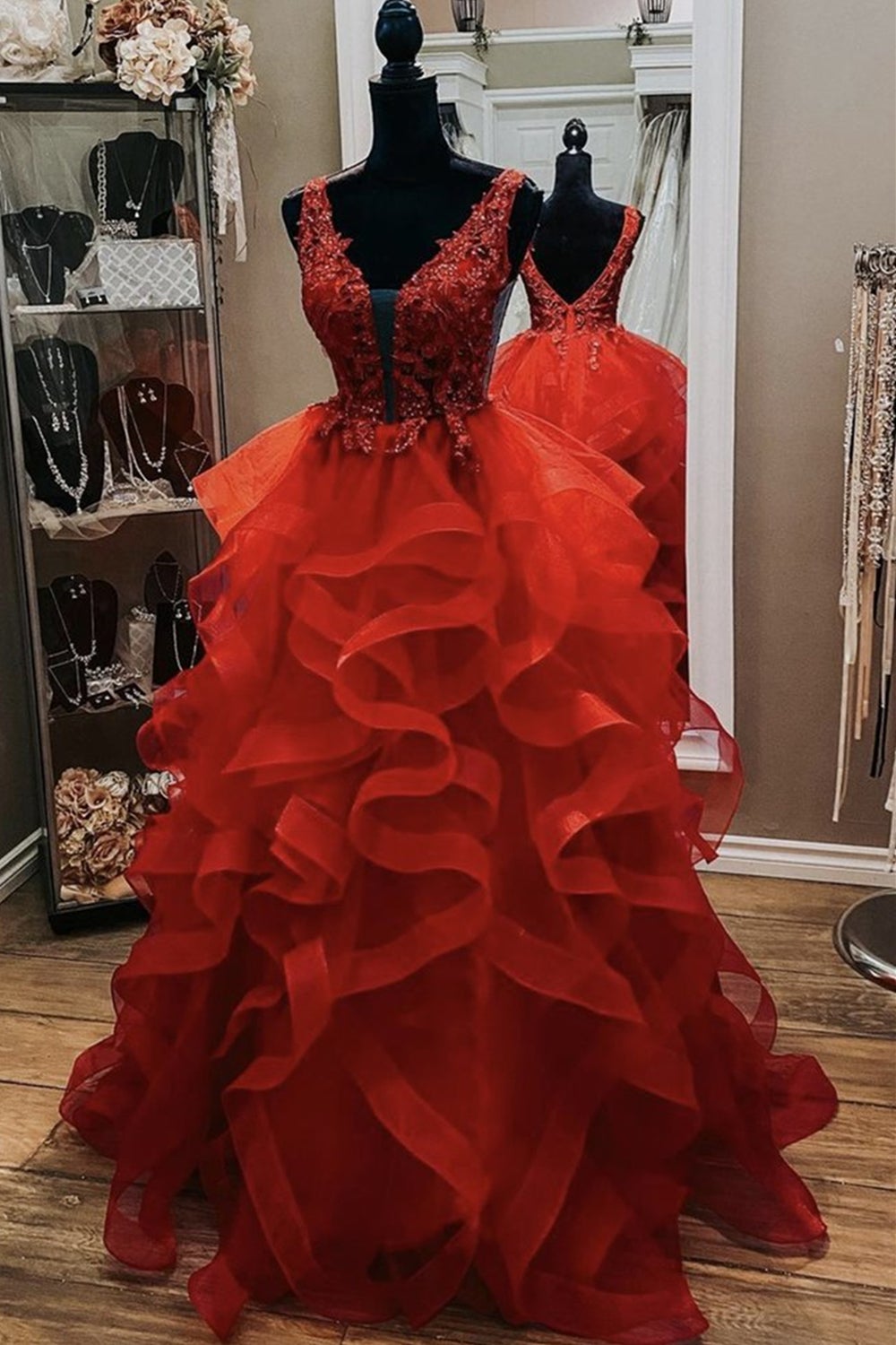 Gorgeous V Neck Open Back Red Lace Long Prom Dress,Formal Evening Dress,Red Ball Gown Party Dresses