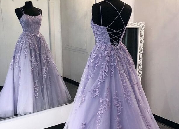 Lilac Lace Applique Prom Dresses,Back Open Formal Evening Dress with Train