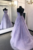 Lilac Lace Applique Prom Dresses,Back Open Formal Evening Dress with Train