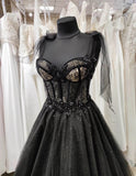 Gothic Tulle Black Party Dress,Prom Evening Dresses,Glitter A-Line Party Dress,Maxi Corset Dress