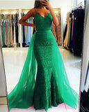 Elegant V-neck Mermaid Lace Prom Dresses Detachable Skirt