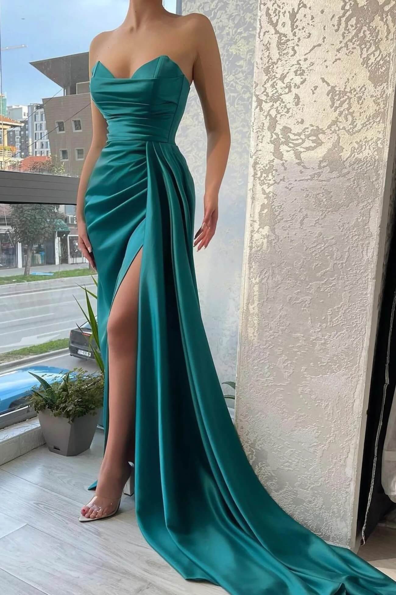 Green Satin Long Evening Dresses,Sexy Slit Prom Dress with Streamer