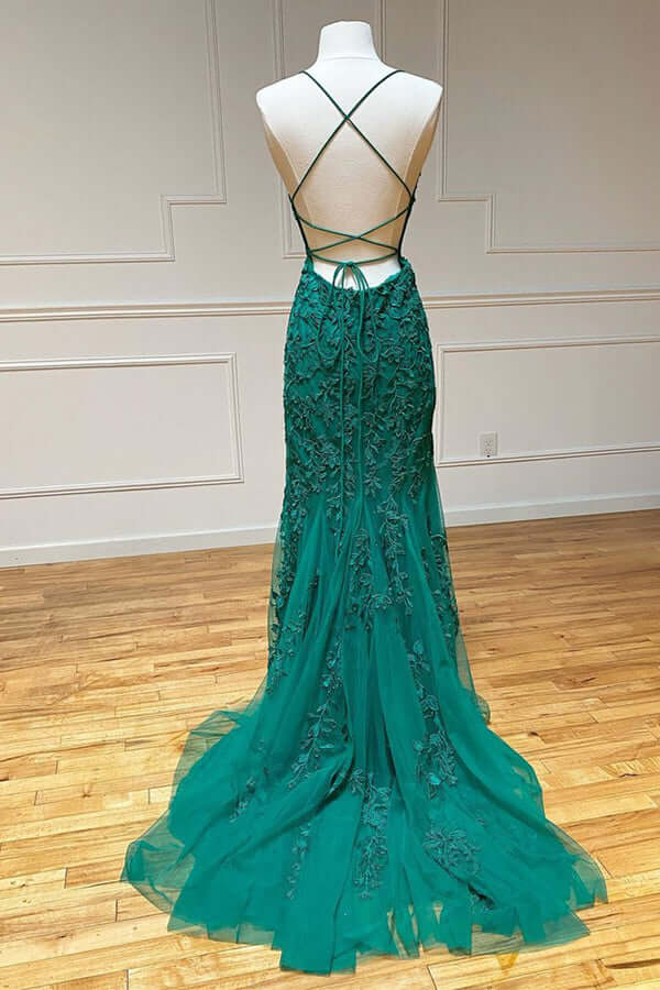 Green Lace Mermaid Backless Spaghetti Straps Prom Dresses, Evening Gown,maxi dresses