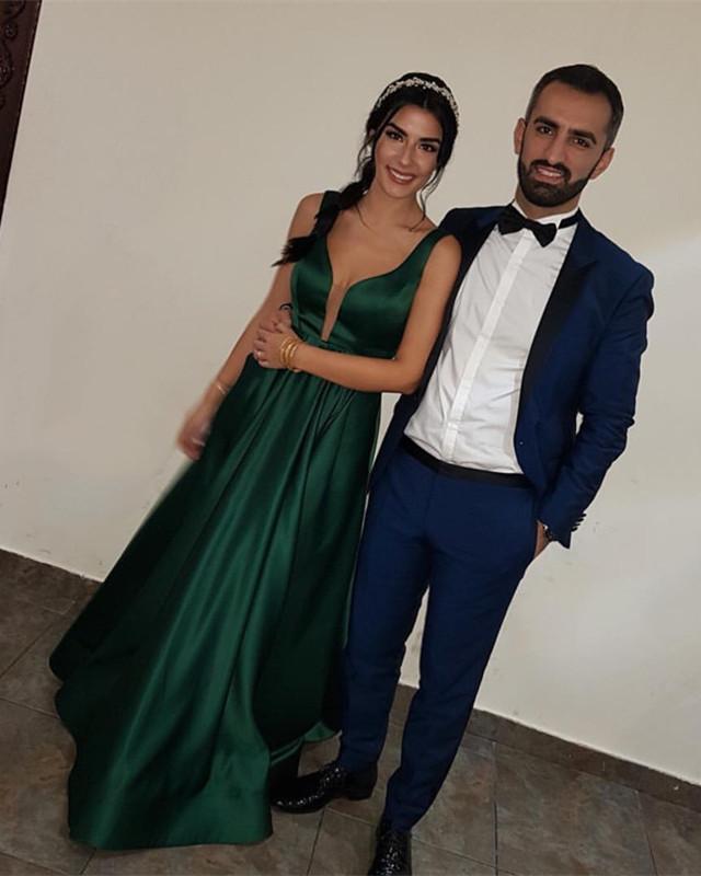 Emerald Green Satin V-neck Prom Dresses Long Backless Evening Gowns
