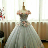 Grey Ball Gown 3D Flowers Princess Party Gown,Sweet 16 Quinceanera Dress Ball Gowns
