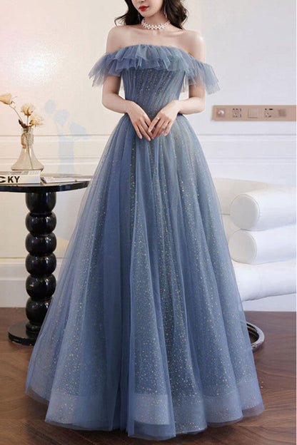Grey Blue Tulle A-line Off Shoulder Prom Dresses, Long Formal Dress,fa jkprom Grey Blue Tulle A-line Off Shoulder Prom Dresses, Long Formal Dress,fa jkprom