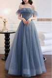 Grey Blue Tulle A-line Off Shoulder Prom Dresses, Long Formal Dress,fancy dresses