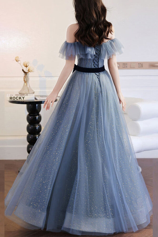 Grey Blue Tulle A-line Off Shoulder Prom Dresses, Long Formal Dress,fa jkprom Grey Blue Tulle A-line Off Shoulder Prom Dresses, Long Formal Dress,fa jkprom