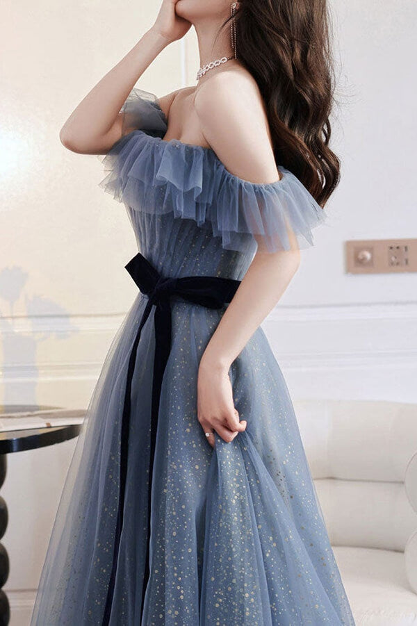 Grey Blue Tulle A-line Off Shoulder Prom Dresses, Long Formal Dress,fancy dresses