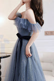 Grey Blue Tulle A-line Off Shoulder Prom Dresses, Long Formal Dress,fancy dresses
