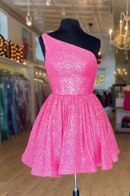 one shoulder pink hoco dresses
