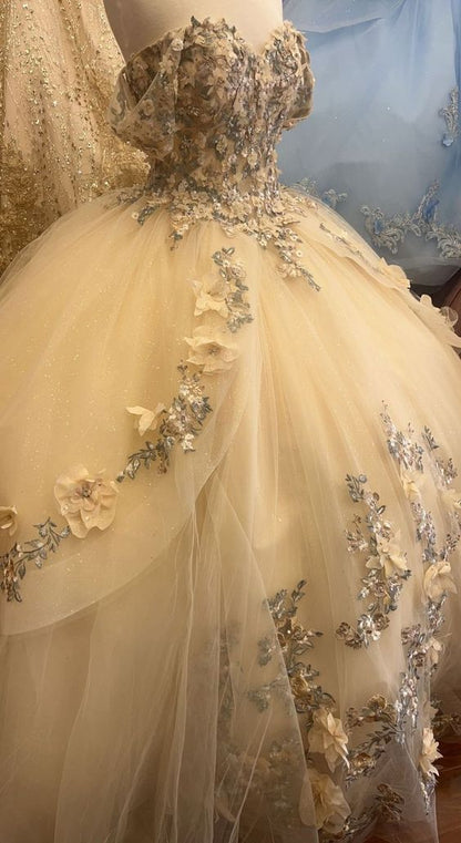 Champagne Quince Dress with Flowers Sweet 16 Dresses Ball Gown – jkprom