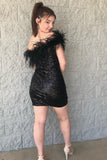 Black One Shoulder Sequins Short Cocktail Dress with Feathers