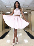 Halter Neck Short Pink Lace Prom Dresses, Two Pieces Short Pink Lace Formal Homecoming Dresses