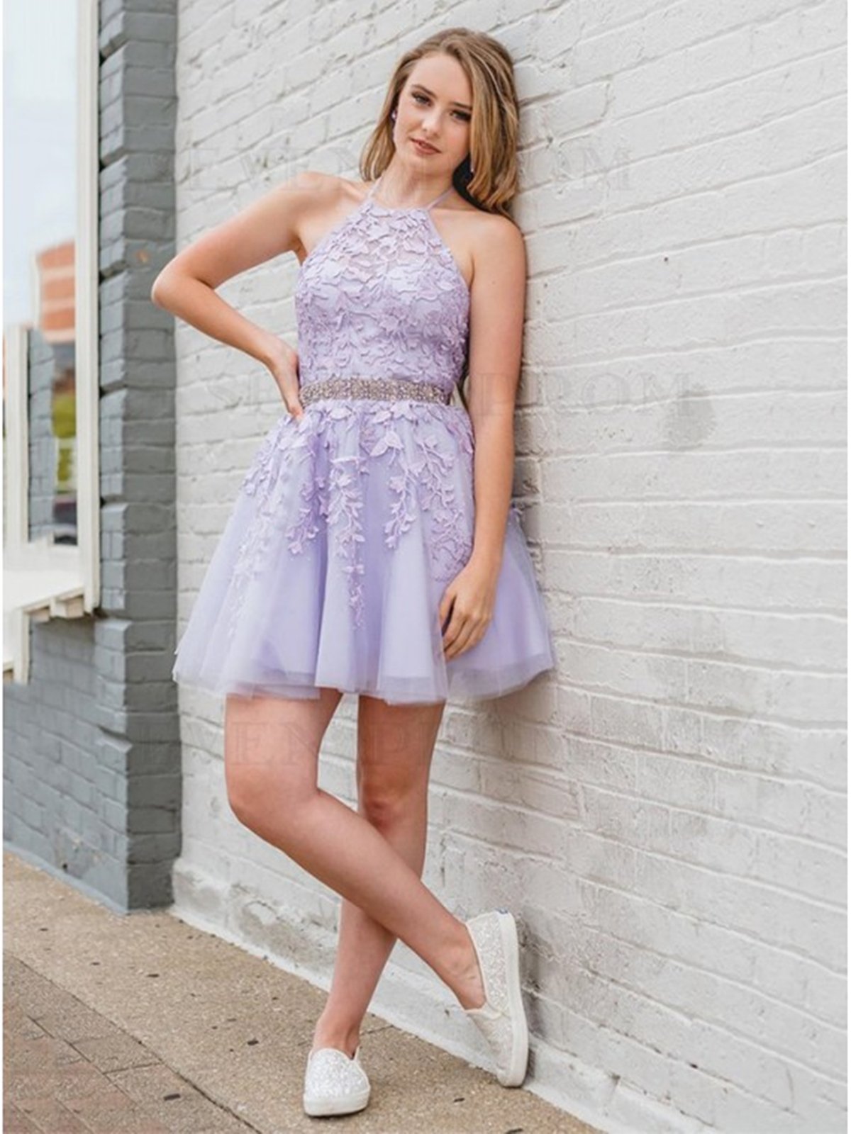 Halter Neck Short Purple Lace Prom Dresses, Short Purple Lace Homecoming Graduation Dresses