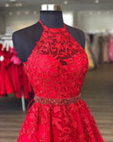 Halter Neck Short Red Lace Prom Dresses, Short Red Lace Formal Homecoming Dresses