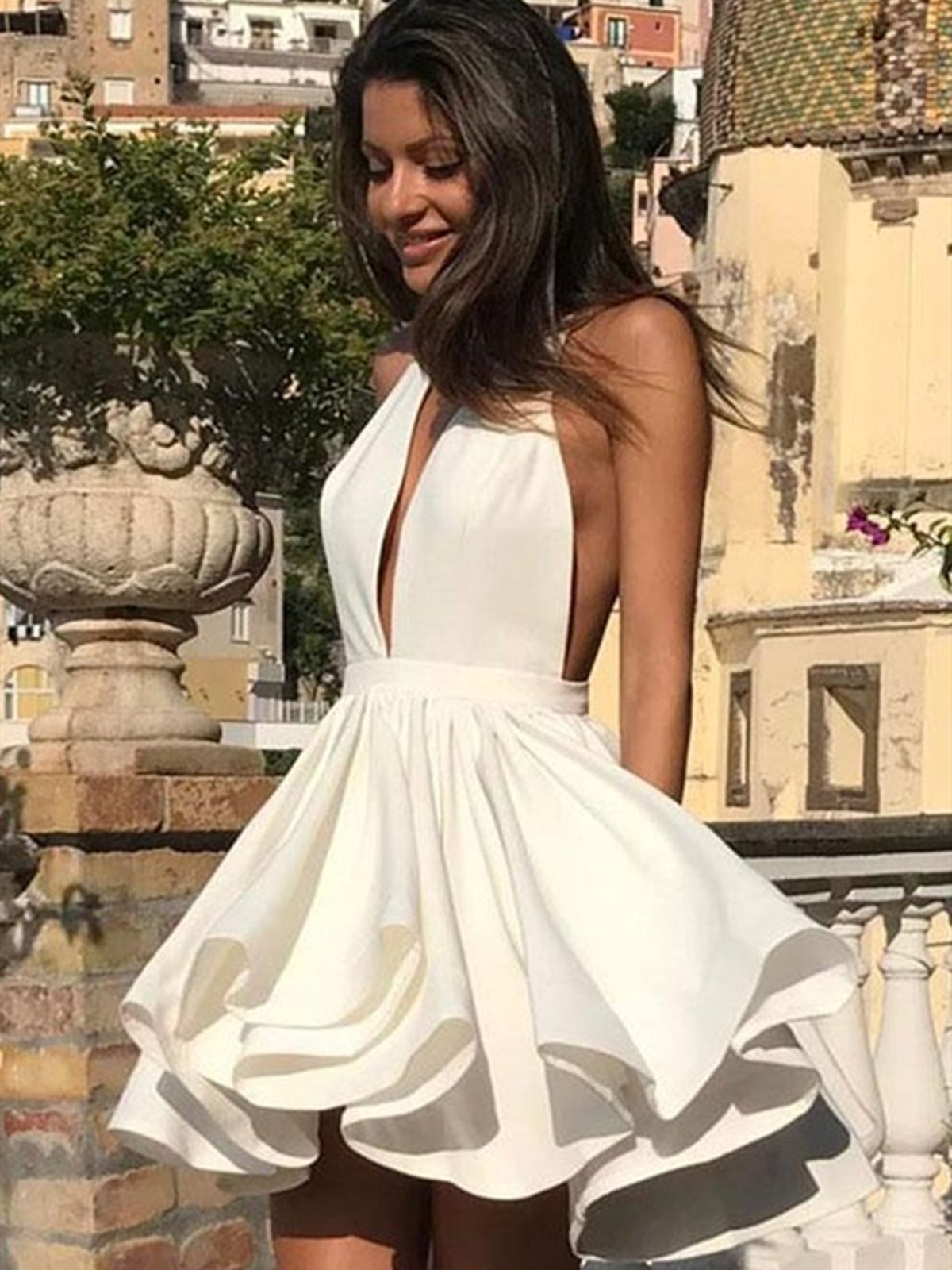 Halter Neck Short White Prom Dresses, Short V Neck White Graduation Homecoming Dresses