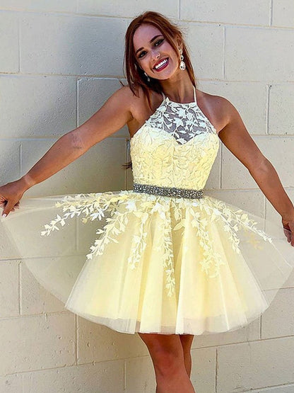 Halter Neck Short Yellow White Lace Prom Dresses, Short Lace Formal Ho jkprom Halter Neck Short Yellow White Lace Prom Dresses, Short Lace Formal Ho jkprom