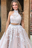 Halter Two Piece Tulle Red Long Prom Dress With Beaded Appliques