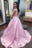 A-Line V-Neck Sleeveless Simple Satin Pink Prom Dress With Pockets