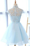 High Neck Short Blue Lace Prom Dresses, Short Blue Lace Graduation Homecoming Dresses