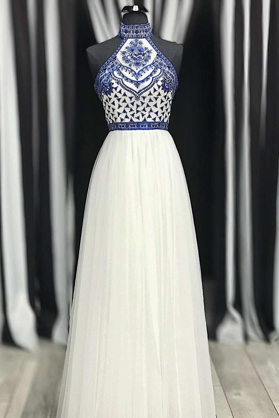 High Neck White Blue Embroidery Long Backless Prom Dress