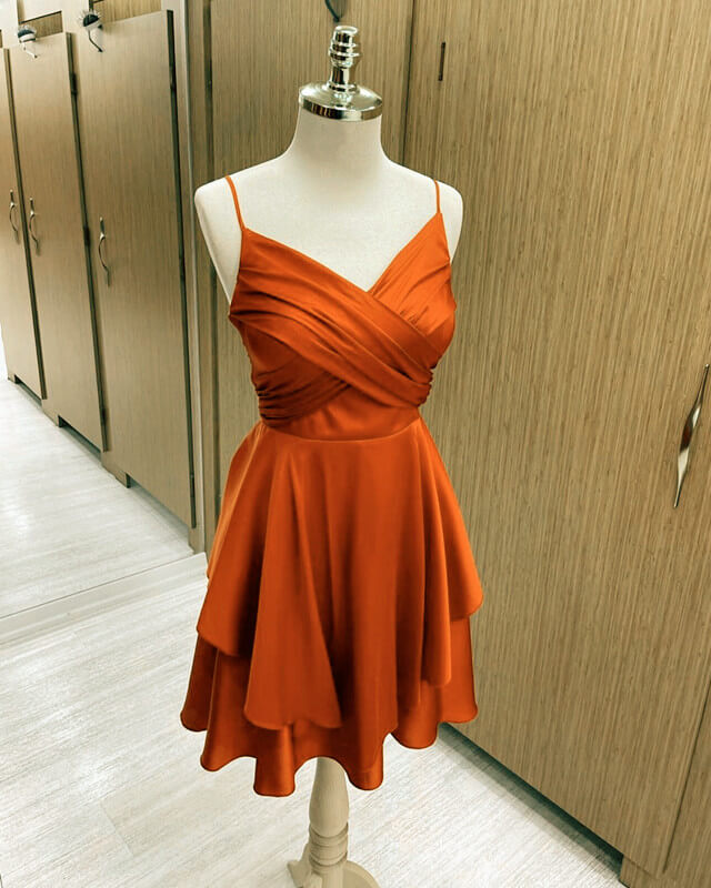 Short Burnt Orange Satin Cocktail Dresses V-neck Semi Formal Dress