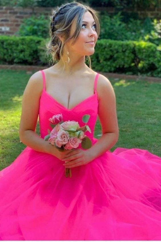 Hot Pink A-line V-neck Long Prom Dress, Tulle Preppy Graduation Dress